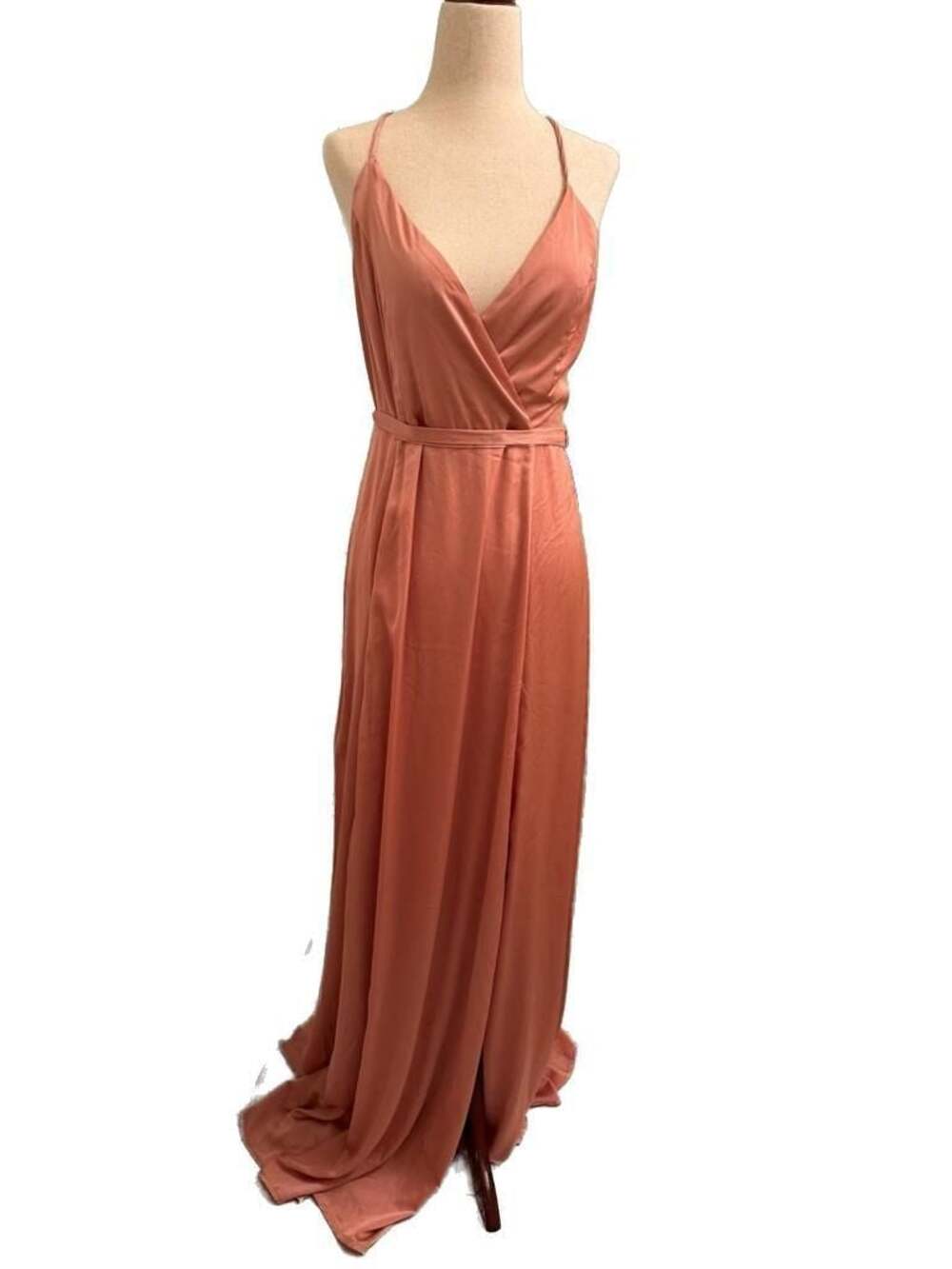 If By Sea Satin V-Neck Sleeveless Maxi Dress with Tie Back and Front Slit